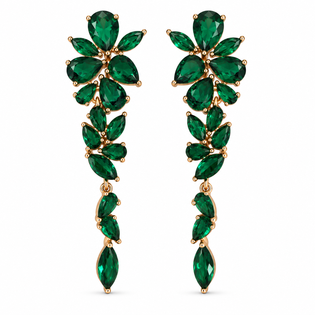 Gold-plated chandelier earrings with green pear-shaped and marquise CZ stones arranged in cascading floral clusters.
