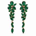 Gold-plated chandelier earrings with green pear-shaped and marquise CZ stones arranged in cascading floral clusters.
