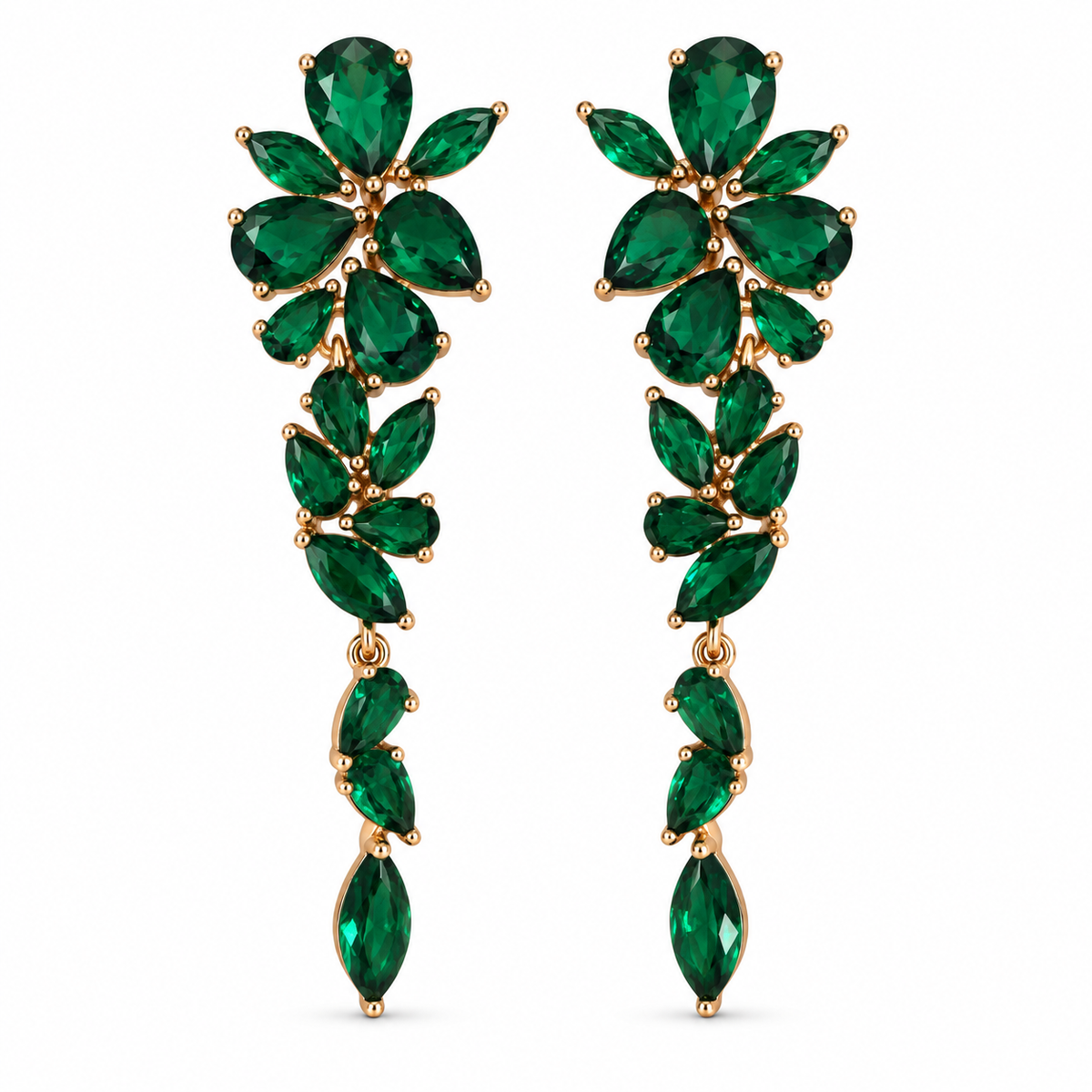 Gold-plated chandelier earrings with green pear-shaped and marquise CZ stones arranged in cascading floral clusters.