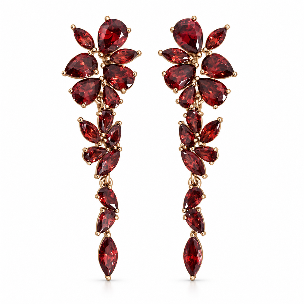Gold-plated chandelier earrings with red pear-shaped and marquise CZ stones arranged in cascading floral clusters.