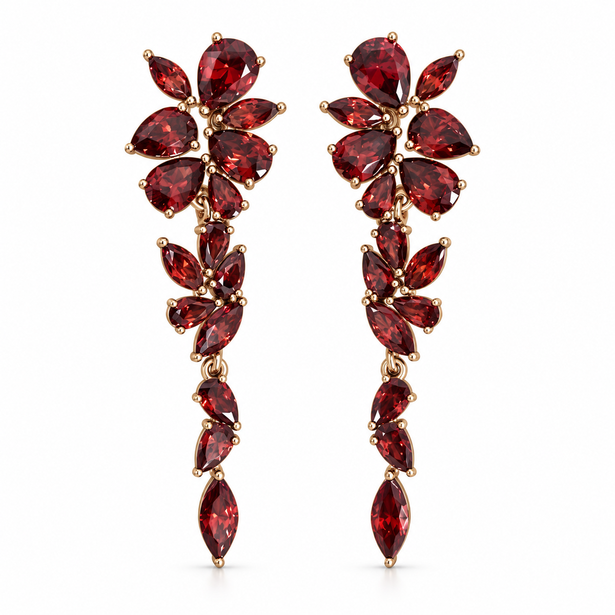 Gold-plated chandelier earrings with red pear-shaped and marquise CZ stones arranged in cascading floral clusters.