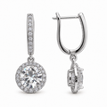 Round Halo CZ Drop Earrings – Silver -Plated Stainless Steel, 10 mm Stone