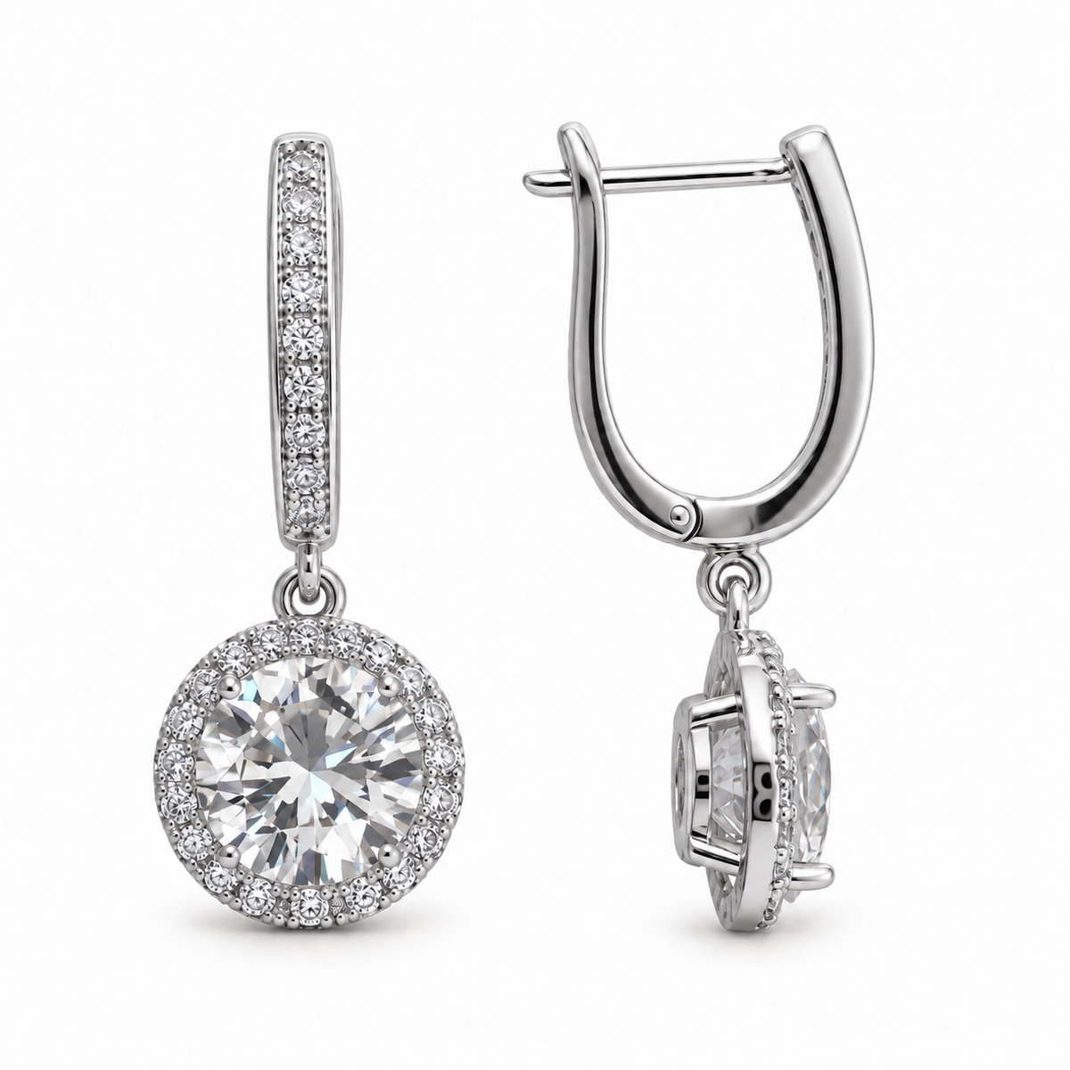 Round Halo CZ Drop Earrings – Silver -Plated Stainless Steel, 10 mm Stone