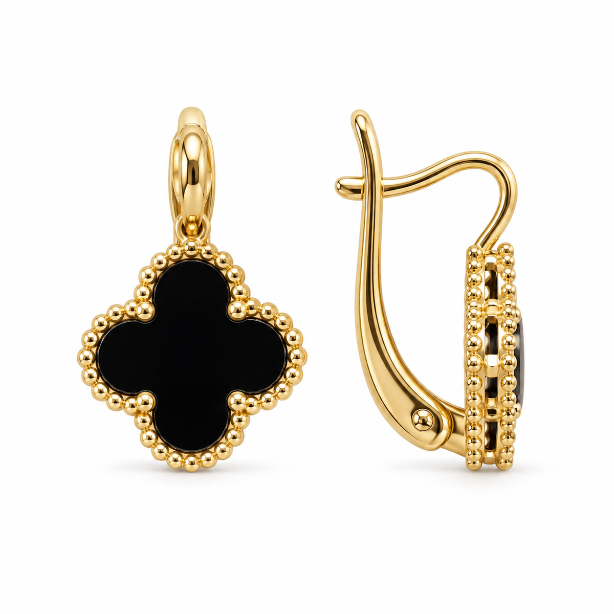 Gold Plated Black Clover Drop Earrings – Hypoallergenic, Non-Tarnish