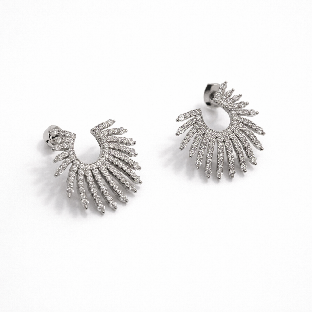 Gold Plated CZ Fan Stud Earrings, Sterling Silver Post, 2 cm