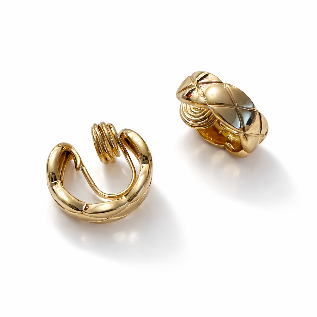 Gold plated clip-on ear cuff earrings with coil detail, minimalist cartilage cuff design, 1.7 cm diameter, 5 mm width.
