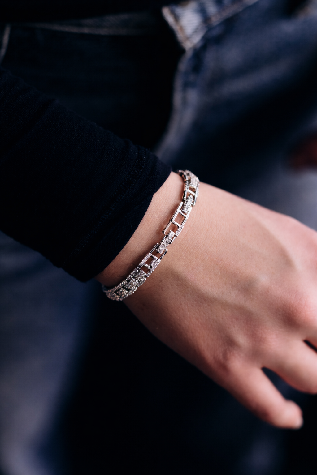 Silver Rhodium Plated Cubic Zirconia Multi Row Link Bracelet 17.5 cm Box Clasp