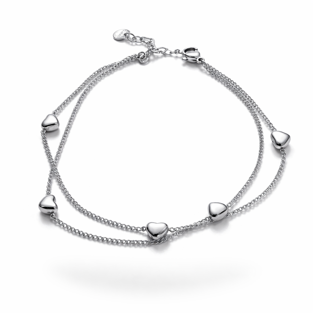 Double Chain Heart Anklet – Stainless Steel, Adjustable 21+5 cm