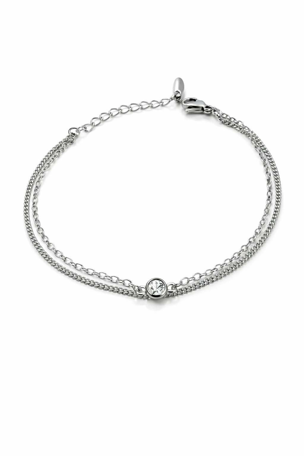 Double Chain CZ Bracelet – Rhodium Plated, Adjustable 16+3 cm