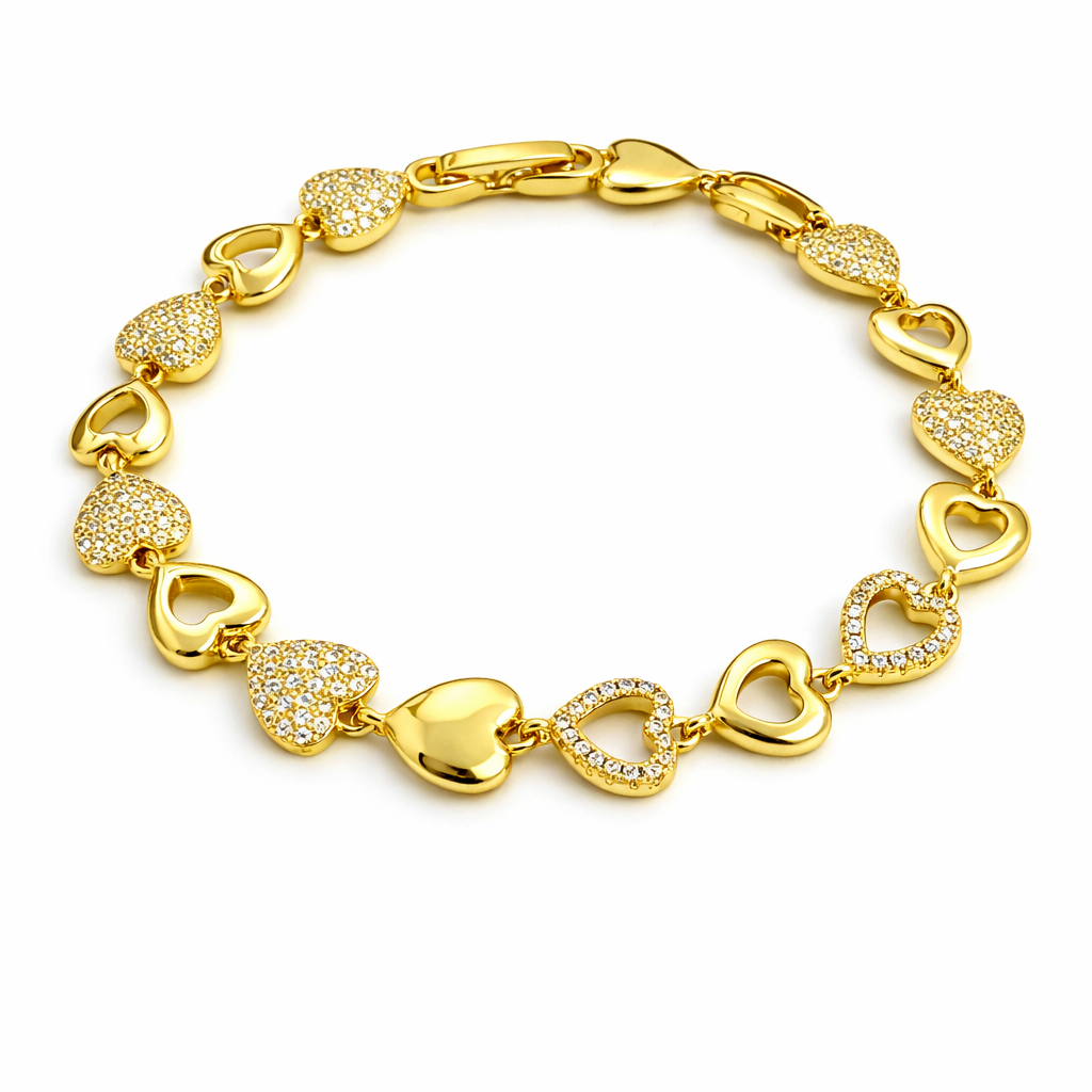 CZ Heart Link Bracelet for Women – Gold & Rose Gold Plated, 17+2 cm