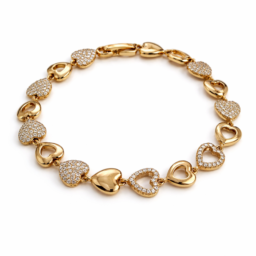CZ Heart Link Bracelet for Women – Gold & Rose Gold Plated, 17+2 cm