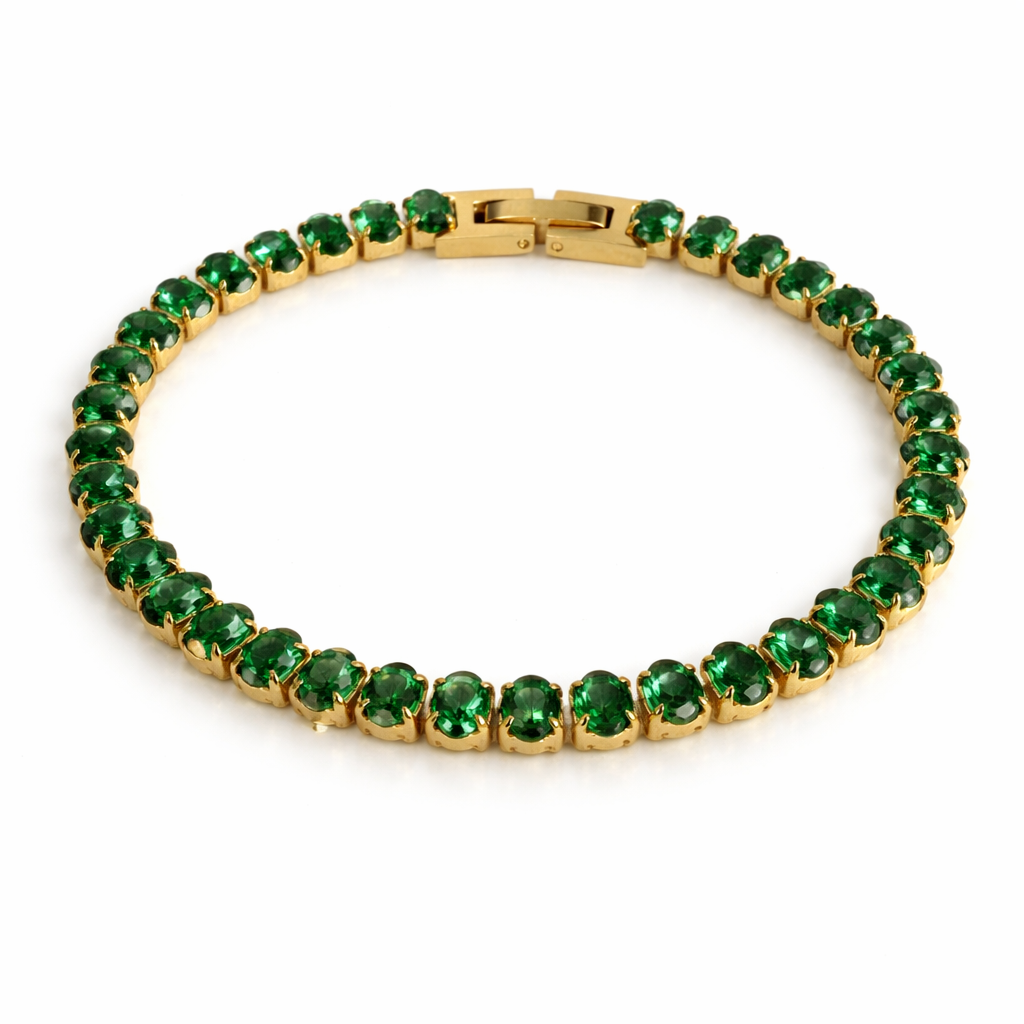 Green Stone Tennis Bracelet – Gold Plated Stainless Steel, 17 cm