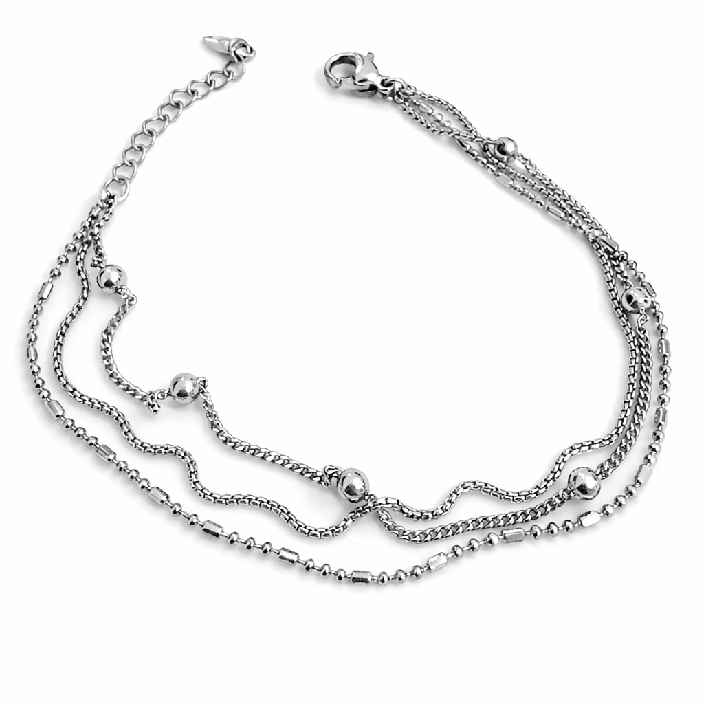 Layered Chain Bracelet – Rhodium Plated, Adjustable 17+3 cm