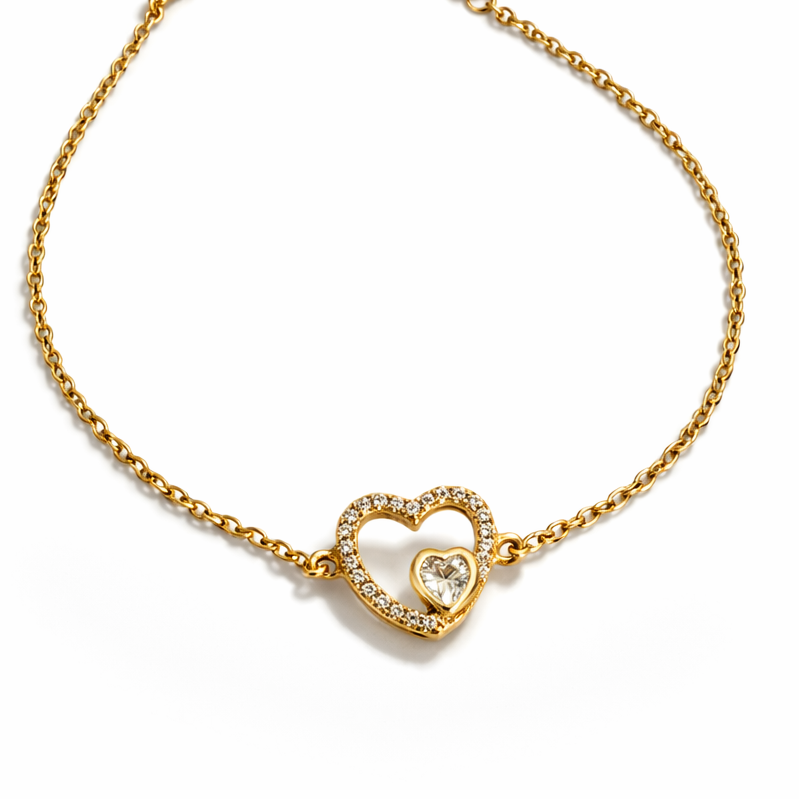CZ Heart Bracelet – Gold Plated, Adjustable 17+5 cm