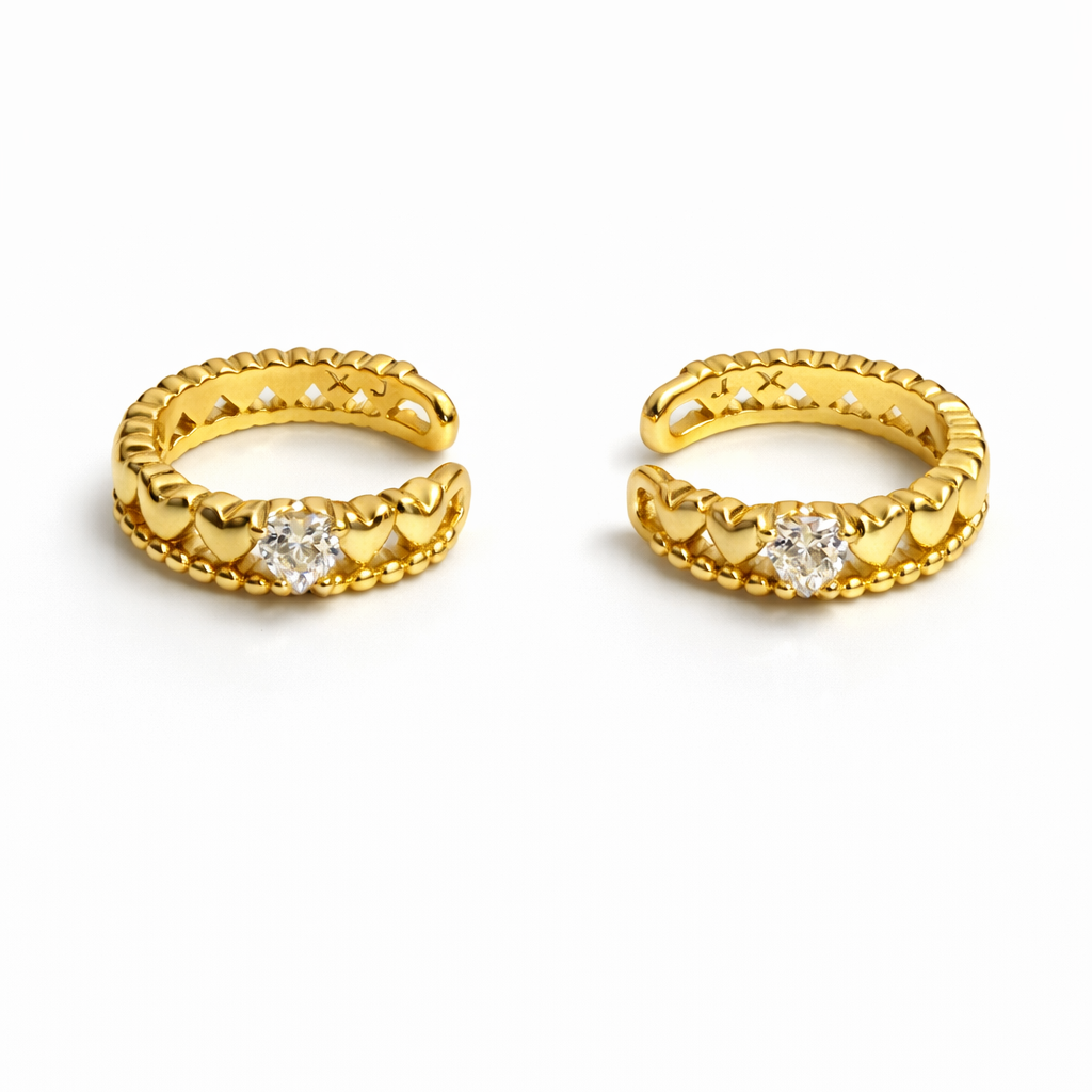 CZ Ear Cuff Earrings – Gold Plated, Heart Design (Pair)