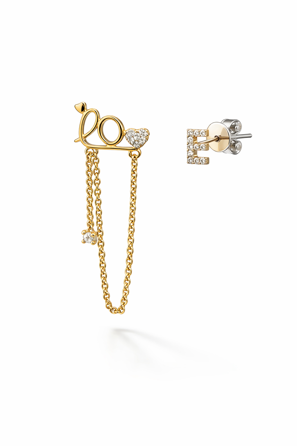 Asymmetrical CZ Chain Drop Earrings – Gold Plated, 3.6 cm