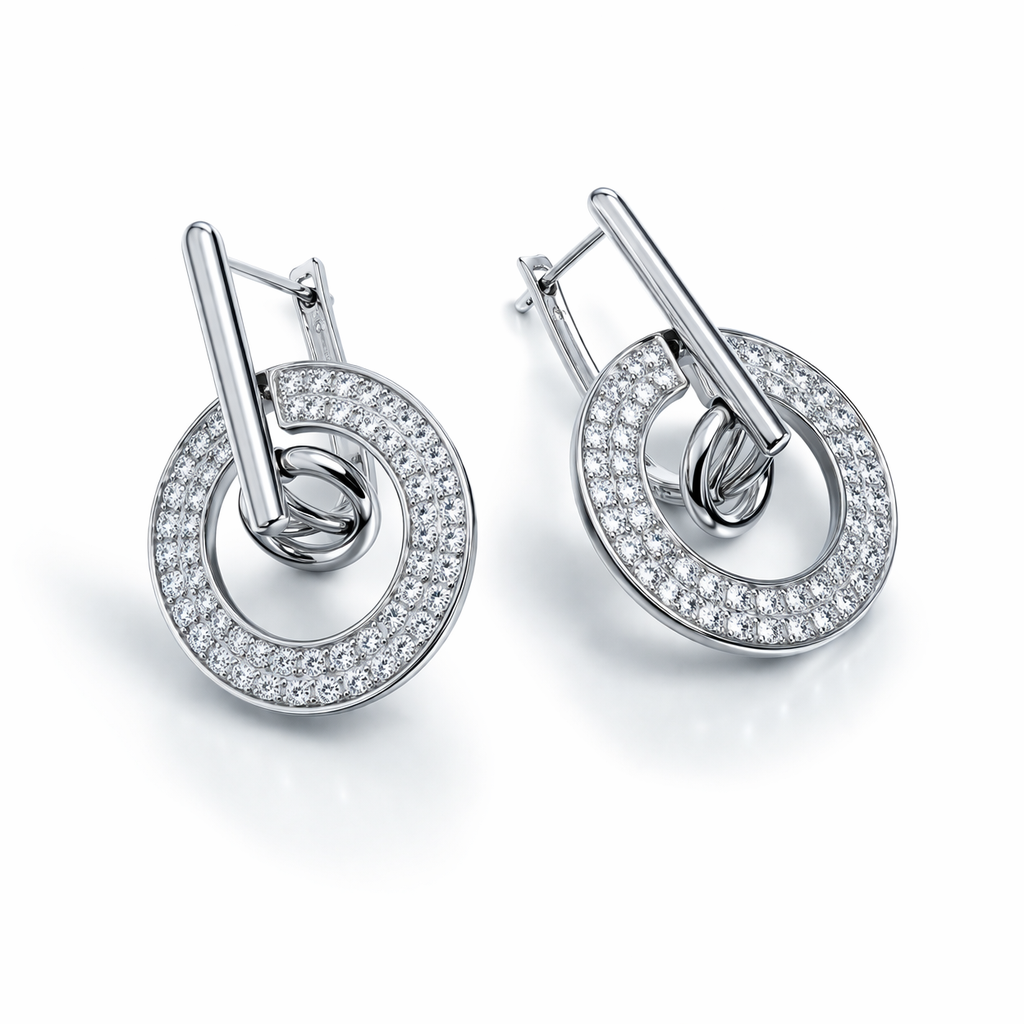 White Gold Plated CZ Drop Earrings 2.8cm Geometric Design