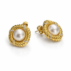 Pearl Stud Earrings Gold Plated 1.5cm CZ Statement Design