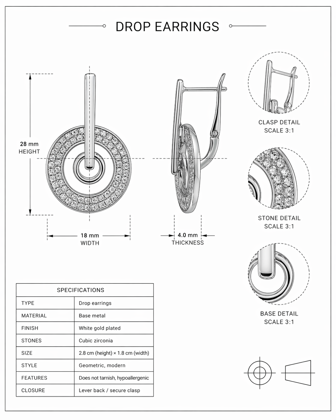 White Gold Plated CZ Drop Earrings 2.8cm Geometric Design