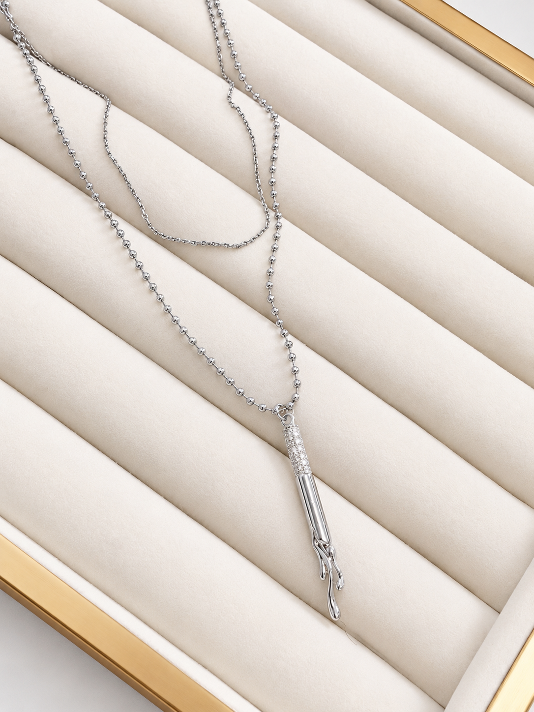 White Gold Plated Layered Necklace with Crystal Pendant – Double Layer Hypoallergenic Necklace 36 cm + 45+5 cm