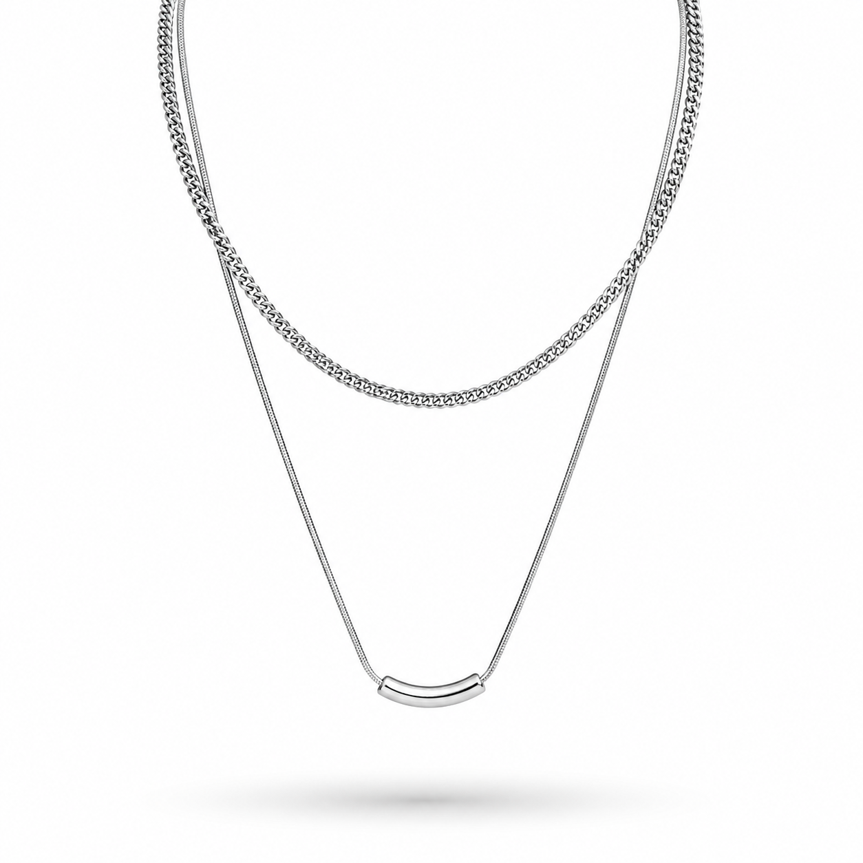 White Gold Plated Layered Necklace – Built-In Double Layer Hypoallergenic Necklace 38/45+5 cm