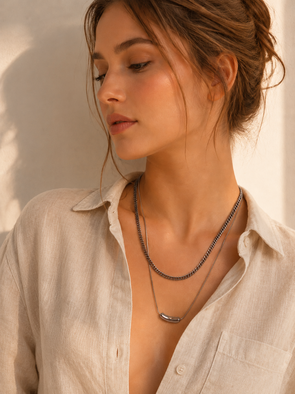 White Gold Plated Layered Necklace – Built-In Double Layer Hypoallergenic Necklace 38/45+5 cm