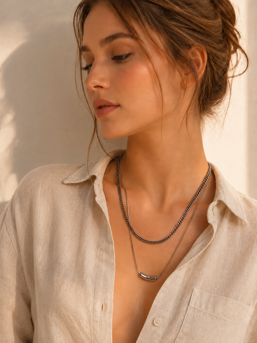 White Gold Plated Layered Necklace – Built-In Double Layer Hypoallergenic Necklace 38/45+5 cm