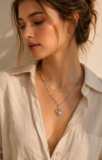 White Gold Plated Layered Pearl Pendant Necklace – Built-In Double Layer Hypoallergenic Necklace 38 cm + 45+5 cm