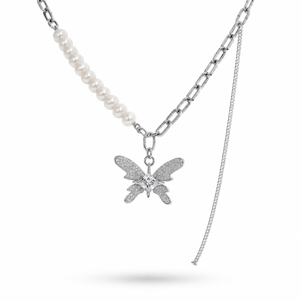 White Gold Plated Butterfly Pearl Necklace – Hypoallergenic Statement Necklace 45+5 cm