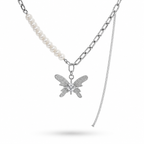 White Gold Plated Butterfly Pearl Necklace – Hypoallergenic Statement Necklace 45+5 cm