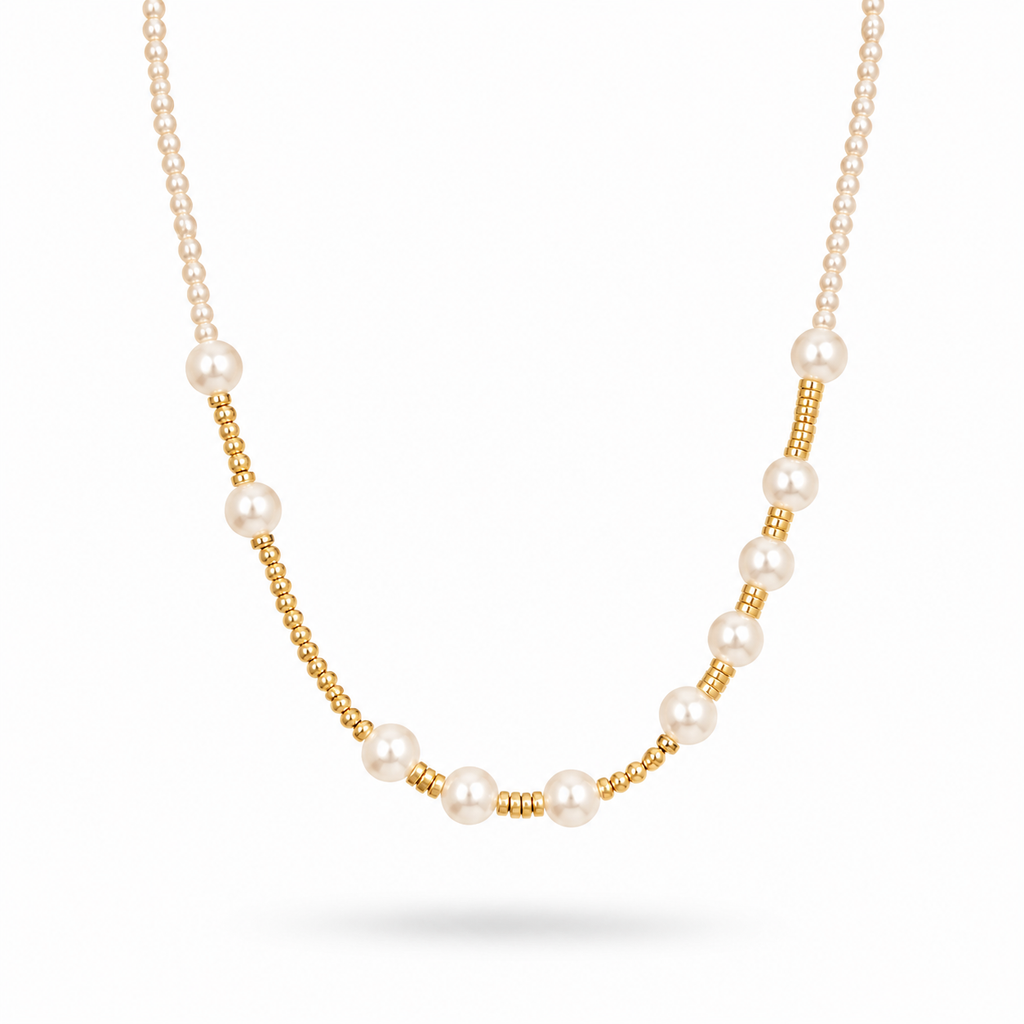 Gold Plated Pearl Beaded Necklace – Minimalist Pearl Necklace 45+5 cm