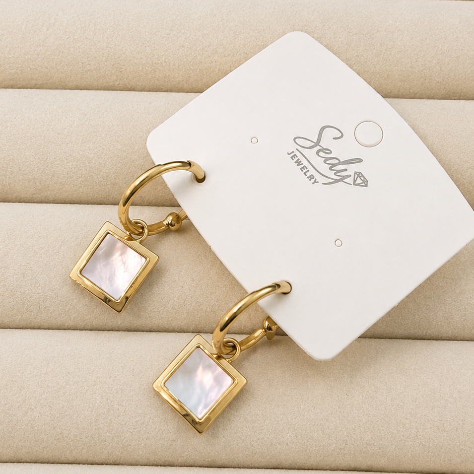 Gold Plated Square Mother of Pearl Hoop Earrings