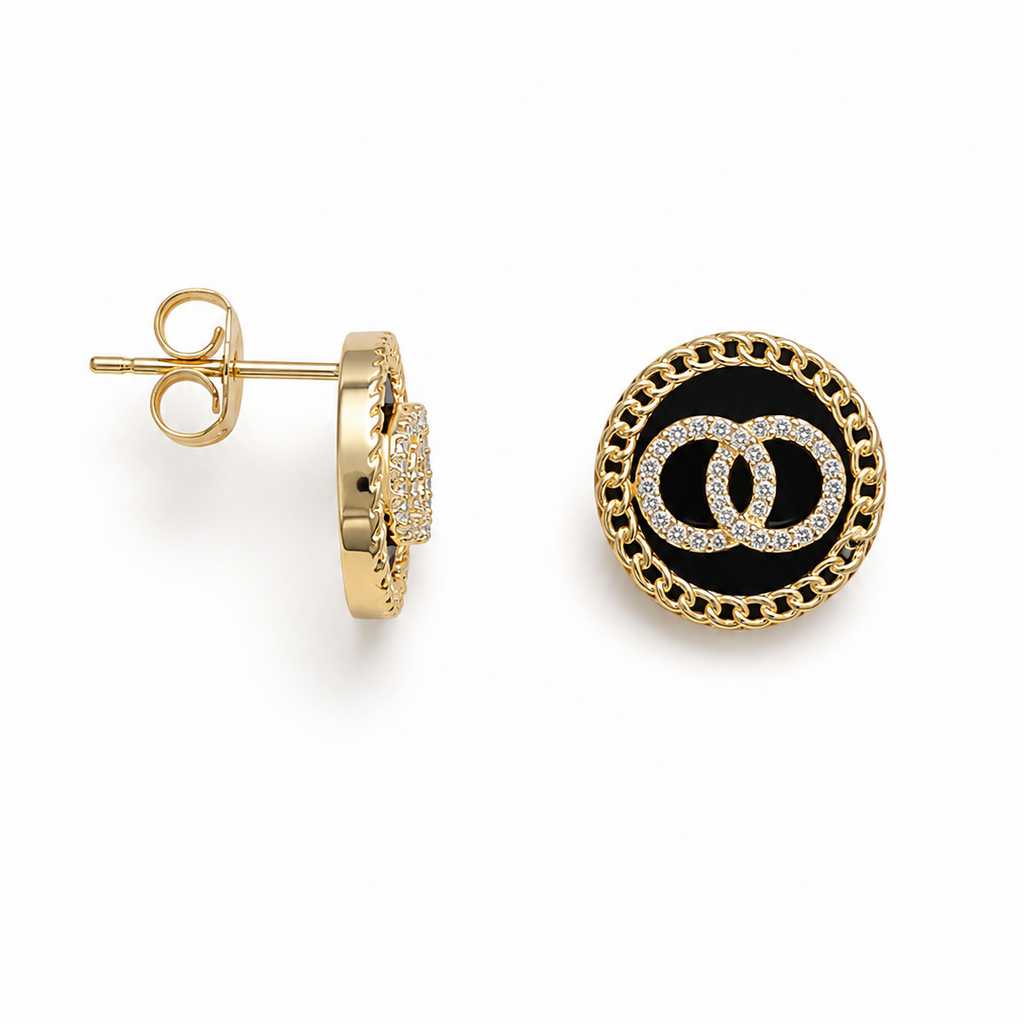 Gold Plated Black Enamel Stud Earrings | Oval Statement Studs