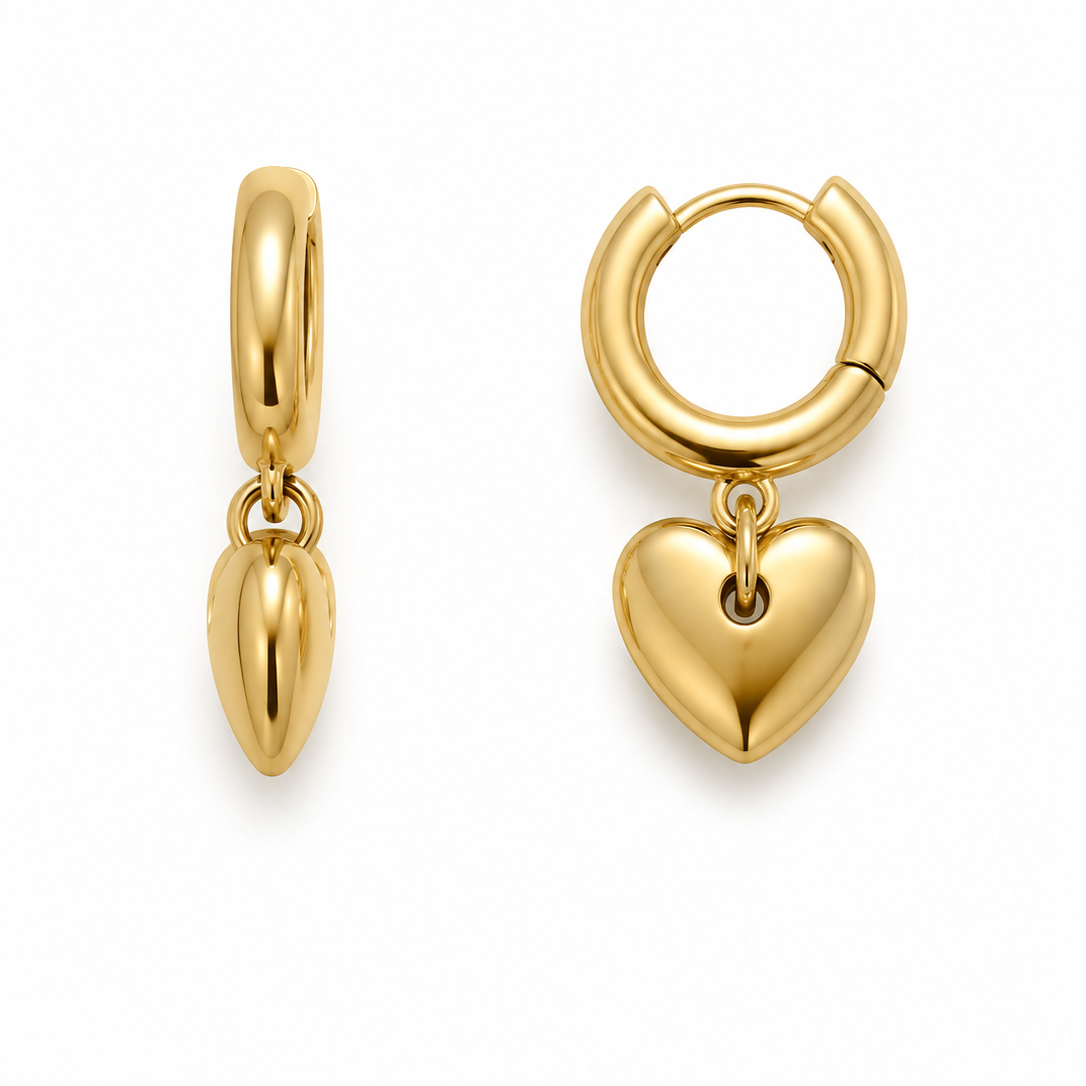 Gold Plated Heart Charm Hoop Earrings | Minimalist Huggies