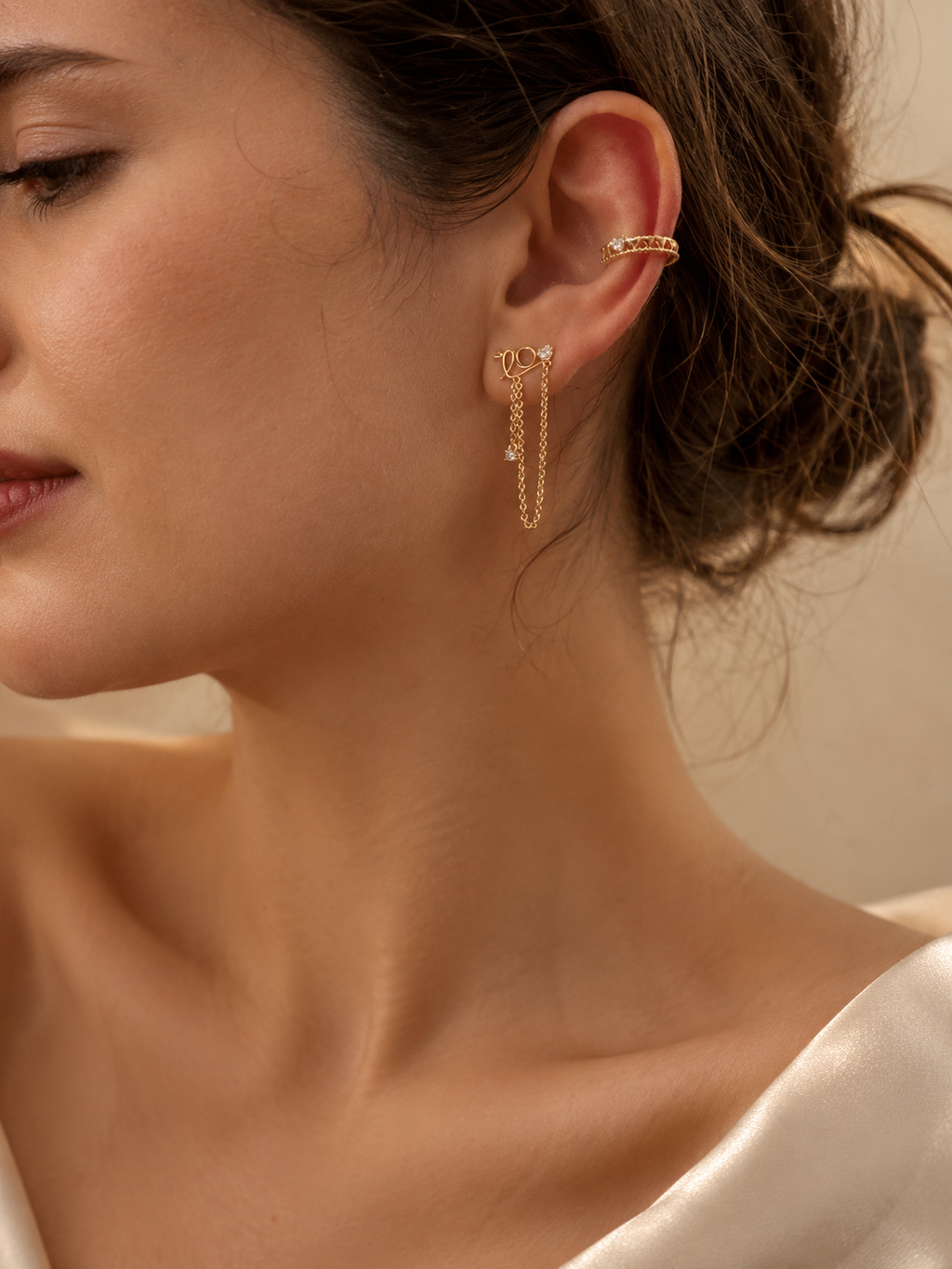 Asymmetrical CZ Chain Drop Earrings – Gold Plated, 3.6 cm