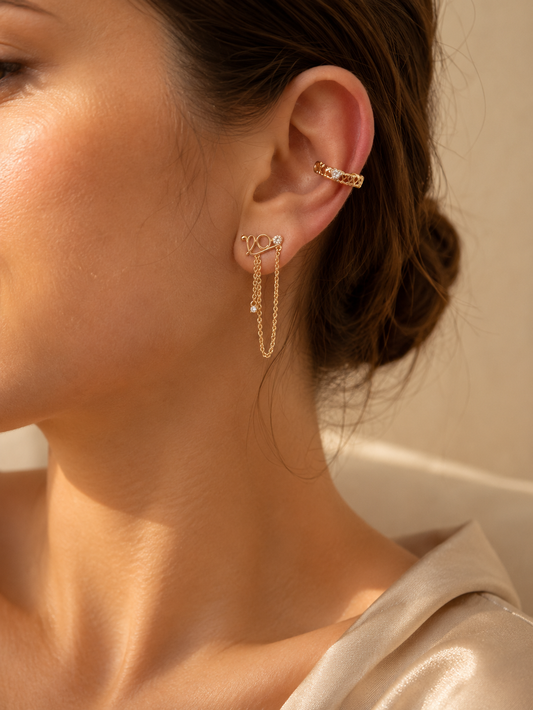 Asymmetrical CZ Chain Drop Earrings – Gold Plated, 3.6 cm