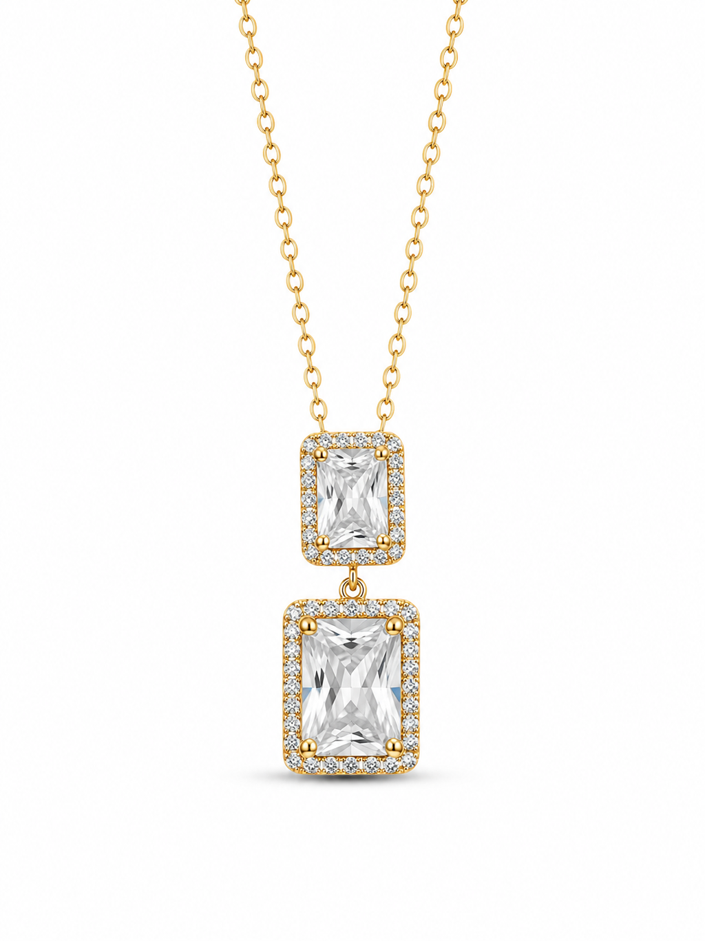 Double Rectangle CZ Pendant Necklace for Women – Gold or Silver Plated, Cubic Zirconia, Adjustable Chain 40+5 cm