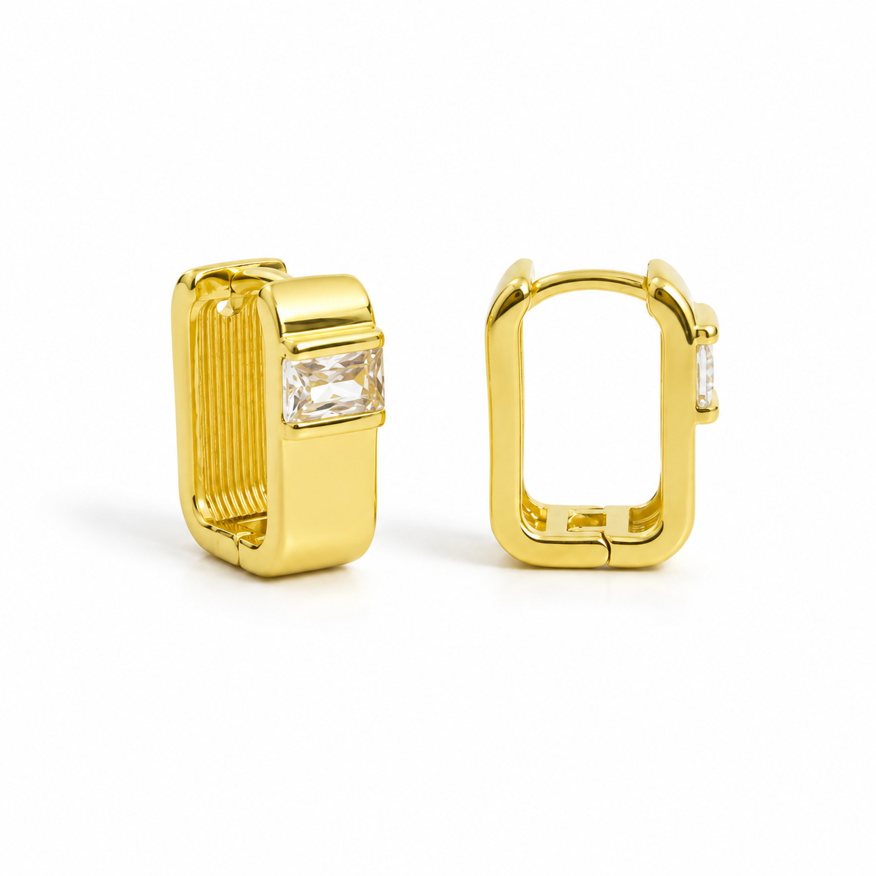 Gold Plated Geometric Huggie Hoop Earrings with CZ | Hypoallergenic | Tarnish Resistant