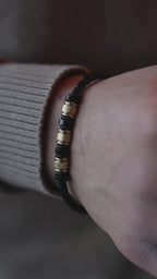 Men’s Black Leather Bracelet with Gold-Tone Stainless Steel Accents and Black Beads, 21 cm